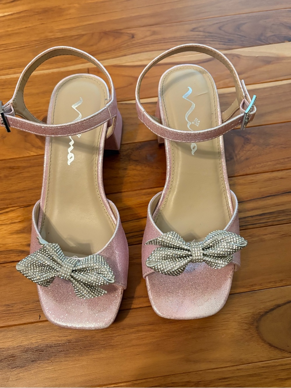 Nina Pink Glitter Bow Block Heel Sandals